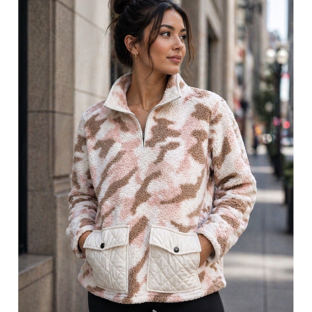 Como Vintage Women Beige Brown Camo Sherpa Fleece Pullover 1/4 Zip Jacket M